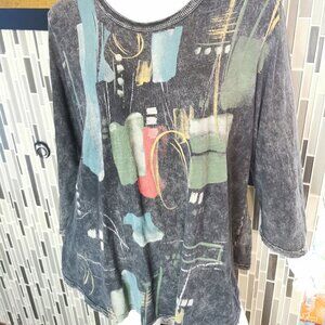 Jess & Jane Shirt Womens XLarge Gray Geometric Tunic Top 3/4 Sleeve USA  0459